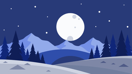 Winter landscape with moon and mountains