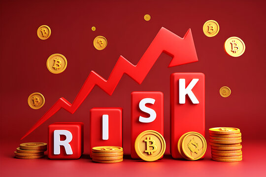 Red arrow graph with bitcoin coins and risk blocks cryptocurrency finance