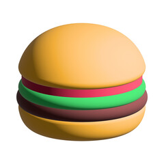3D illustration of a simple hamburger icon with bun, lettuce, tomato, and patty, isolated on a transparent background.