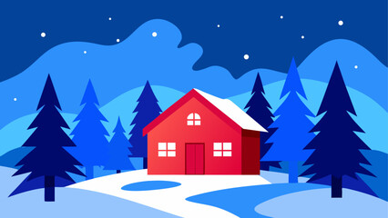Red house in winter landscape with trees