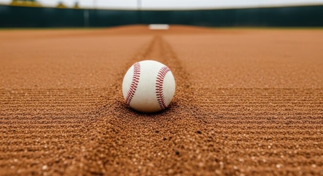 A baseball sits centered on a baseball field's infield dirt, with a dark fence in the background