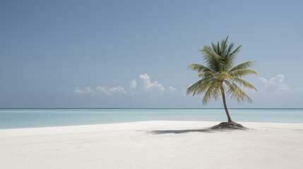 Obraz premium White sand beach with a single palm tree, minimalist framing.