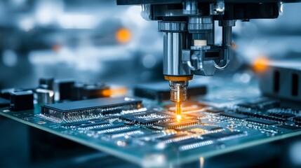 Fototapeta premium Advanced Technology Factory Scene Showing Precision Machine Processing Electronic Circuit Board