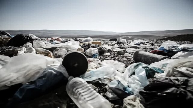 A vast landfill site filled with various types of waste and debris under a clear sky.