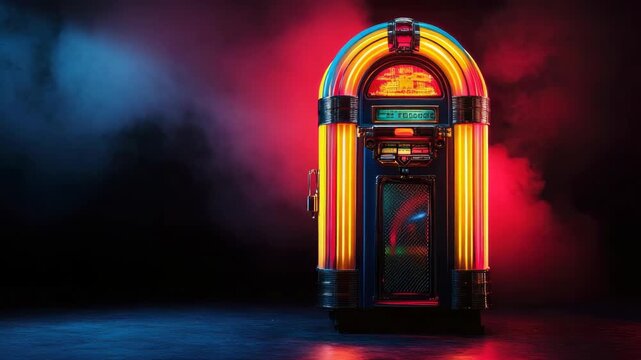 Vintage jukebox with vibrant neon lights against dark background
