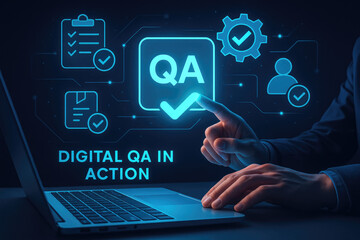 Digital quality assurance concept with hand pointing on virtual screen and laptop