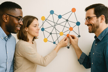 Three diverse people smiling and connecting colorful dots on network diagram on wall
