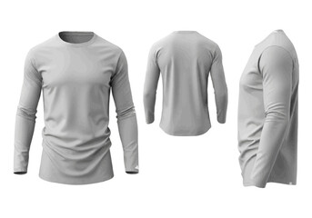 Three-view image of a light gray long-sleeve t-shirt, front, back, and side views.