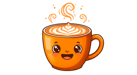 Cute orange coffee cup with latte art and steam illustration drink beverage cafe cartoon kawaii happy face on transparent background
