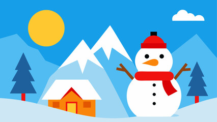 Winter scene with snowman and snowy house