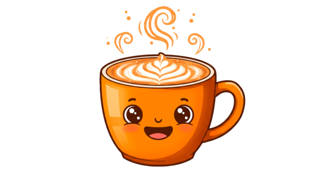 Cute orange coffee cup with latte art and steam illustration drink beverage cafe cartoon kawaii happy face on transparent background - Powered by Adobe