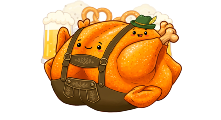 Kawaii oktoberfest turkey beer pretzels celebration festive cartoon character illustration graphic design on transparent background