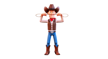 charming 3d cartoon cowboy lasso twirling, playful grin, wild west fun, isolated on transparent background