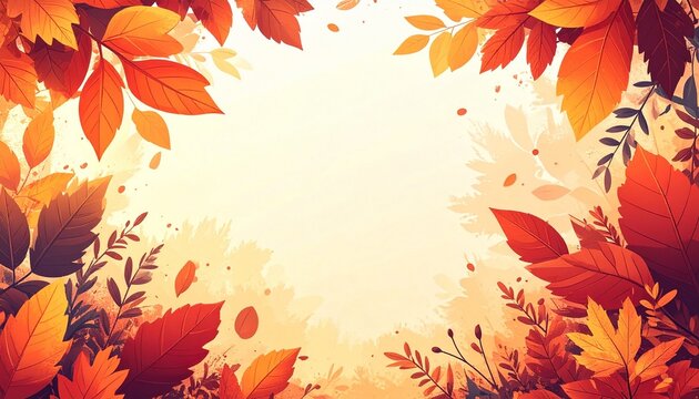 Seasonal nature background featuring a vibrant border of falling autumn leaves in warm tones