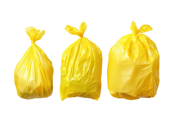 Three yellow plastic garbage bags of varying sizes, tied with knotted handles, against a black background