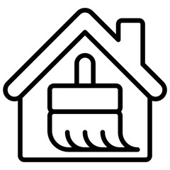 Home Cleaning Outline Icon Design Vector - House with a cleaning brush inside, representing cleaning service, house maintenance, hygiene, or property care