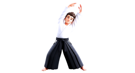 aikido practitioner stretching for flexibility, balance, and inner peace, 3d render, isolated on transparent background