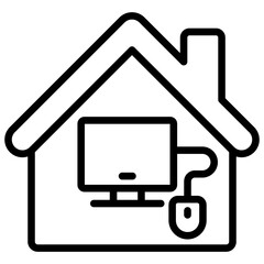 Smart Home Outline Icon Design Vector - House with computer and lock, symbolizing smart home security and technology integration