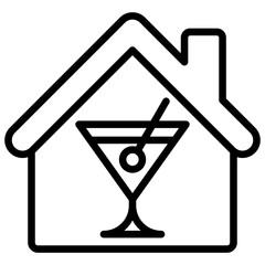 Home Bar Outline Icon Design Vector - House with a cocktail glass, symbolizing bar, nightlife, or entertainment inside a home
