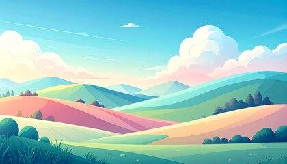 Obraz premium Idyllic and calm pastoral scenery featuring vibrant, colorful rolling hills and fields in a beautiful anime style illustration
