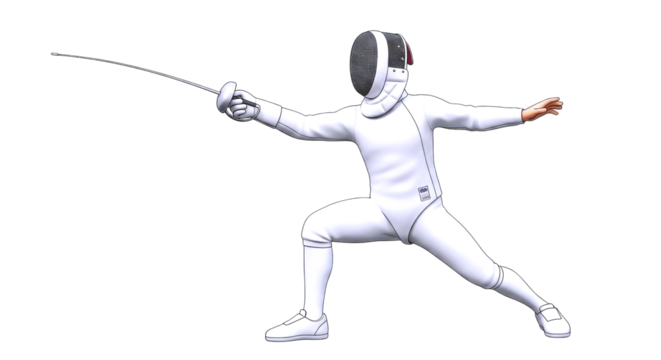 elite fencer in dynamic action 3d render of precise foil strike, isolated on transparent background