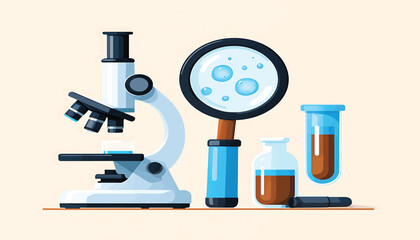 Scientific Investigation Microscope, Magnifying Glass, and Laboratory Equipment
