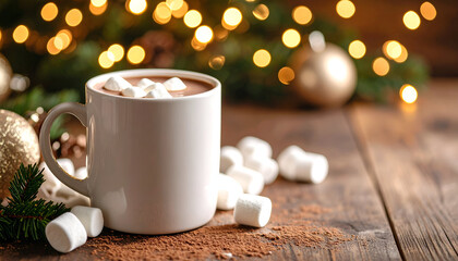Obraz premium Warm mug of hot chocolate with marshmallows, nestled amongst Christmas decorations and bokeh lights.