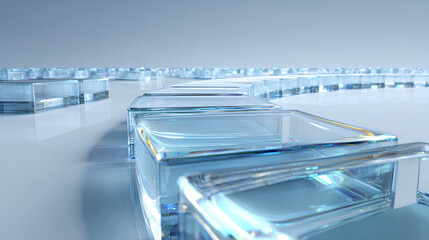 3d light blue background with row of glass transparent square plates. Abstract curve wave line pattern. Crystal array of geometric block shapes render. Futuristic design digital tech