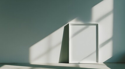 Fototapeta premium A minimalist white frame stands in a sunlit room, casting soft shadows on a pale wall.