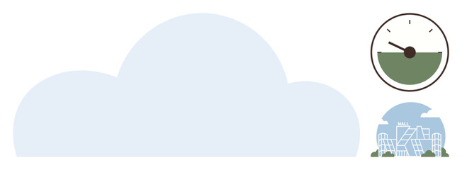 Large cloud overlay with eco-city and gauge symbolizing sustainability and technology. Ideal for cloud storage, renewable energy, environmental tech, smart cities, data networks, innovation, simple