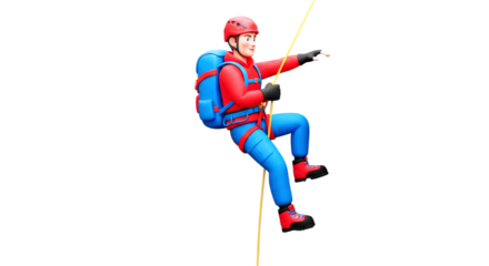 3d cartoon climber rappelling descent, mountaintop view, epic adventure, isolated on transparent background