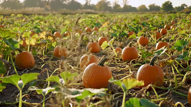 Pumpkin patch field with bright orange pumpkin and green leaves, sunlit autumn harvest scene, rural farmland landscape symbolizing fall, Thanksgiving, and seasonal agricultural abundance