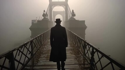 Mysterious man in coat and hat walks across bridge in dense fog.
