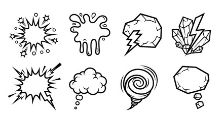 A collection of eight black and white cartoon graphic elements including comic bursts, a liquid splash, a lightning rock, crystals, thought bubbles, and a swirling vortex.