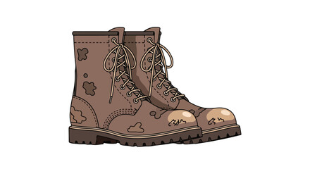Illustration of mud-splattered work boots, capturing the essence of outdoor adventures and demanding tasks, worn condition suggests reliability and