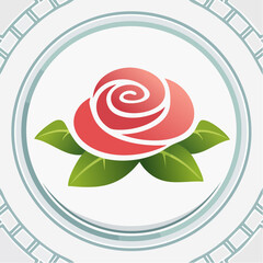 Stylized Rose with Red Accents and Green Leaves on Decorative Plate