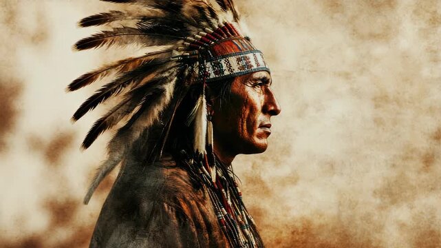 Portrait of Indigenous man in traditional attire with feathers, looking left against rustic background