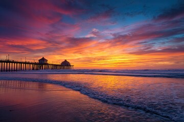 Orange County Pier Sunset. Beautiful Coastal Landscape at Huntington Beach, California
