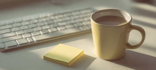 Modern still life with wireless keyboard, sticky note reminder, and coffee mug off-center, soft light with spacious breathing room, clean photorealistic minimalist workspace background with copy space