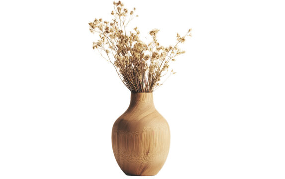 Wooden vase with dried flower on white background,png