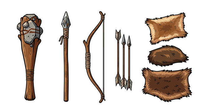 Prehistoric hunting tools with club, spear, bow and arrows with hides