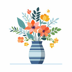 Stylized Floral Arrangement with Peach and Yellow Blooms in Striped Vase