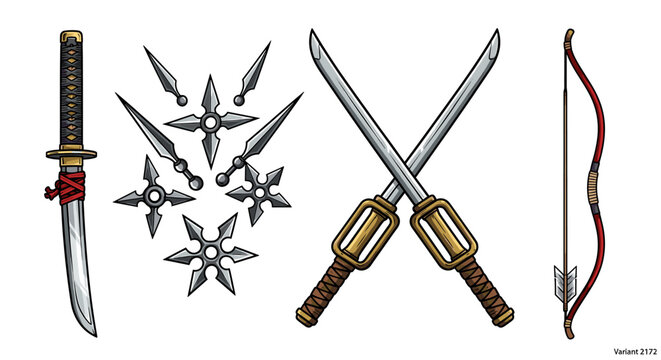 Collection of various ancient ninja and samurai weapon illustrations