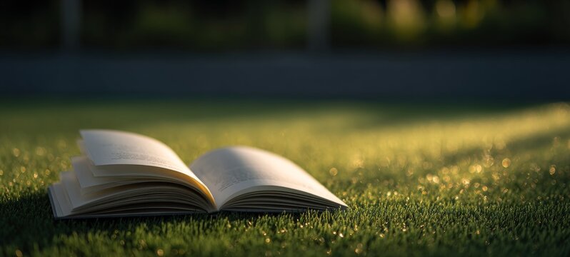 Minimalist outdoor scene with single open book lying on green grass in soft sunlight, small object positioned in bottom third composition, clean natural calm background ideal for quotes or text