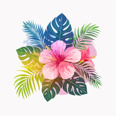 Tropical floral arrangement with pink hibiscus and monstera leaves