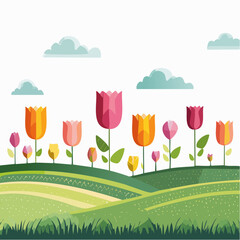 Stylized Tulip Garden with Rolling Green Hills and Cartoon Clouds