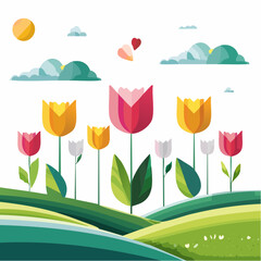 Stylized Tulip Garden with Rolling Hills Clouds and a Radiant Sun