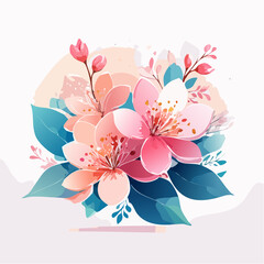 Watercolor Floral Arrangement with White and Peach Blossoms and Teal Leaves