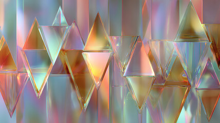 Abstract 3d background wallpaper with row of glass holographic transparent triangle plate shapes render. Dynamic tech banner with layers effect. Iridescent gradient wave line pattern