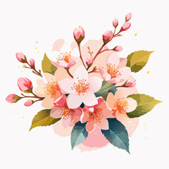Watercolor Cherry Blossom Bouquet with Buds and Golden Accents Illustration